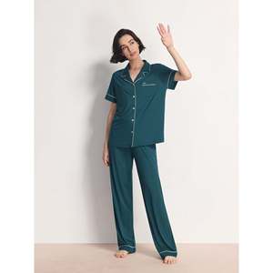 Conjunto de Pijama Clásico Suave para Mujer, de Bambú con Cintas a Rayas, Manga Corta, Tejido, Logotipo Personalizado, Media Cintura con Cordón, Primavera - Product Image 3