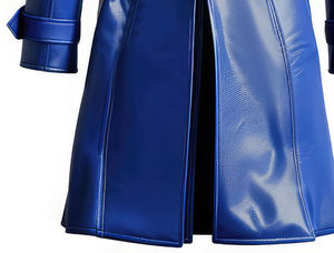 Abrigo de Cuero Personalizado para Mujer, Abrigo de Cuero Azul, Piel de Oveja Genuina, Elegante Cuello Cruzado, Largo hasta la Rodilla, Doble Botonadura - Product Image 6