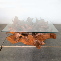 Table basse moderne en racine de teck avec plateau en verre, design personnalisable pour salon et usage domestique