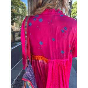 <span class=keywords><strong>FOLKLORE</strong></span> 41 - Elegante Abito in Seta da Donna, Stile Quotidiano Traspirante con Fessure, Vita Elastica, Lunghezza al Ginocchio, S/M/L, Collo a O, Motivo Rose Bandhani - Product Image 5