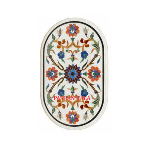 Merveilleuse forme ovale en marbre blanc de conception royale classique avec le dessus de table d'incrustation de marbre précieux naturel pour le meilleur prix bas - Product Image 1