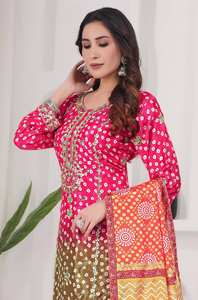 Elegant Ready Wear <b>Three</b> Piece Fancy Printed Long Heavy Chino Silk Kurti Set Stylish Palazzo Heavy Dupatta for Party Quick Dry - Product Image 4