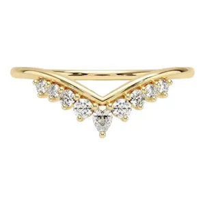 18K Solid Gold <b>Rhodium</b> Plated Chevron Diamond Engagement Wedding Band Pear and Round Cut Contour V-Shape Stacking <b>Ring</b> for Women - Product Image 5