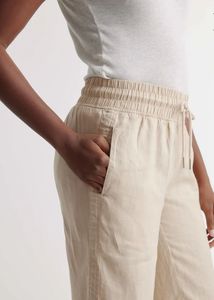<strong>Women's</strong> Beige Solid <strong>Linen</strong> Cropped Trousers Elastic Waist Closure Mid Waist Harem <strong>Pants</strong> <strong>Drawstring</strong> for Comfort Breathability - Product Image 2