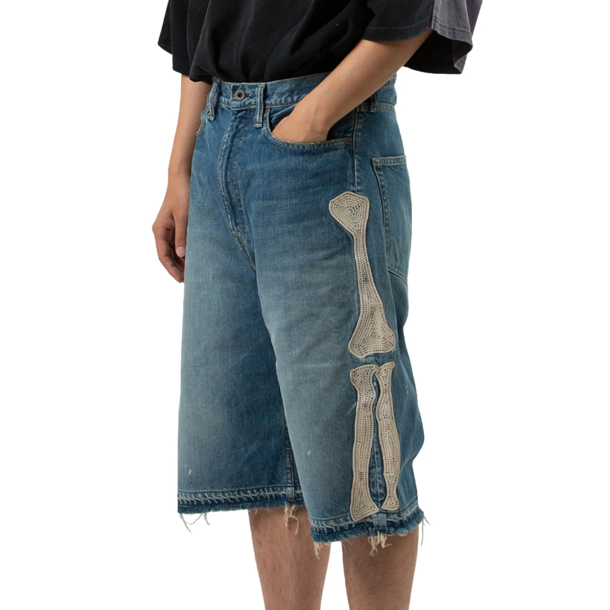 Summer Bone Embroidered Patch Male Jeans Shorts Raw Hem Men's Short Pants Jeans Denim Men Shorts