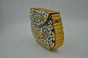 Handcrafted Floral Mother of Pearl Mosaic <b>Clutch</b> Bag with <b>Gold</b> Tone Leaf Work Luxury Evening Party Handbag for Women - Product Image 3