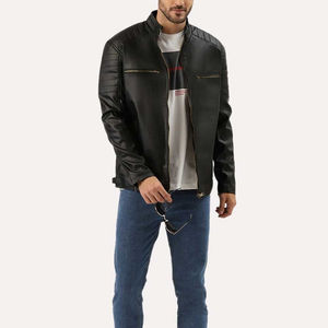 Veste de motard en cuir pour hommes de haute qualité col montant avant vente en gros vêtements de rue d'hiver fermeture éclair Styles OEM/ODM Service personnalisé - Product Image 4
