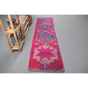 Tapis turc Herki, tapis vintage 2,5x9,6 pieds, tapis en laine rouge Ikat - Product Image 1