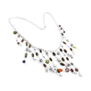 Collier de style bohème pour femmes, bijoux fantaisie avec perles de pierres précieuses, perle d'eau douce, agate, turquoise, quartz, ton argent - Product Image 1