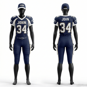 Uniforme de football américain pour femmes, polyester extensible 280 GSM, bleu marine, blanc, panneaux latéraux dorés, logo en twill, uniforme de football américain - Product Image 1