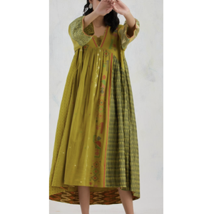 Vestido Jamdani Ikat Green Meadow, Elegante, Casual, para Club, Talla XS, Cintura Imperio, Transpirable, Largo hasta la Rodilla, Cierre Personalizado, ODM - Product Image 5