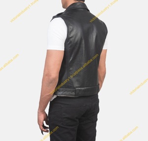 Vrais hommes vestes en cuir pour moto équitation Club col montant fermeture éclair gilet en noir pour hommes adulte moto cuir gilet - Product Image 4
