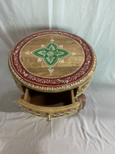 Handcrafted Wooden Round Side Table With Drawer Ethnic Decorative Nightstand Rustic Design Hand Painted Furniture Bedroom Use - Product Image 2