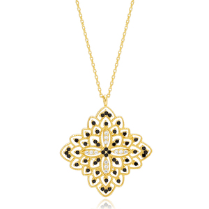 Collier en argent sterling 925 fait main en Turquie avec pierres de zircon noir et transparent, design floral, vente en gros - Product Image 4