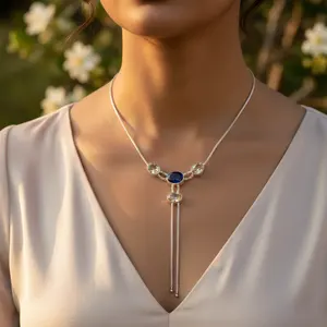 Collier en argent 925 avec pierre précieuse pour femmes, à porter tous les jours, boucles d'oreilles pendantes tendance - Product Image 1