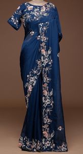 2022 TRENDY NEW SAREE con HERMOSO BORDADO ZARI en TELA DE SEDA DECORADA CON BORLAS DE ENCAJE ELEMENTOS VINTAGE para BODA DE FIESTA - Product Image 2