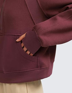 Autumn Winter Warm Fleece Crop Top <b>Hoodies</b> Drop Shoulder Quarter Zip Up Thumbhole Oversized Hooded <b>Sweatshirts</b> For Adults <b>Girls</b> - Product Image 4