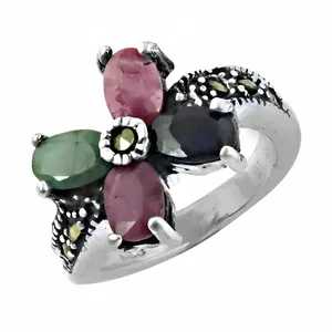 Bague Fleur Confortable en Argent Sterling 925 pour Femme, Sertie de Pierres Précieuses Rubis et Saphir, Style Religieux - Product Image 1