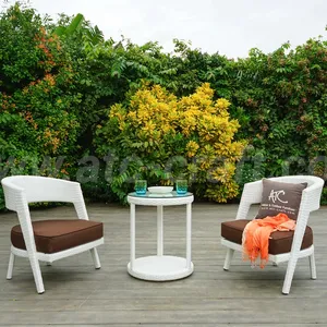 Modern büyüleyici PE ve hasır veranda bahçe çay kahve barı seti lüks tasarım alüminyum çerçeve ile saf beyaz