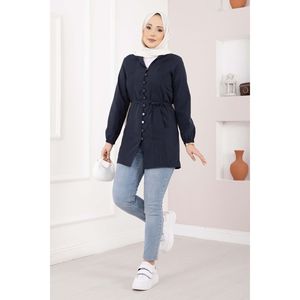 Camisa de Mujer Azul Marino con Detalle Acanalado y Cordones, Corte Holgado, Larga, de Algodón y Lino, Tejido de Punto, Estampado de Moda, Otoño-Primavera, con Botones y Logotipo - Product Image 3