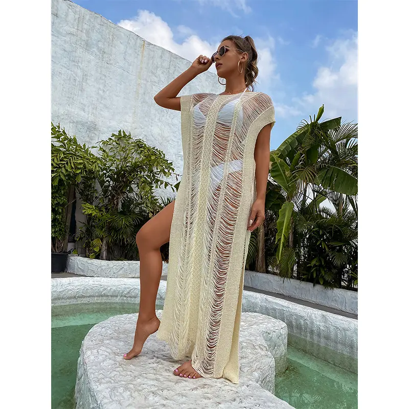 Großhandel Frauen Schwarz Bikini Vertuschen Sommer Sexy Spitze Kimono Boho Strand Langes Kleid Schiere Lose Kaftan Tunika Bade bekleidung