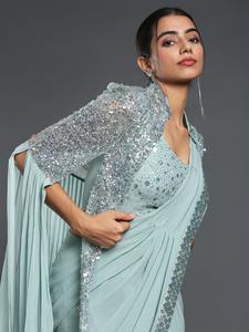 CL เสื้อสเวตเตอร์ผ้าส่าหรีแบบดั้งเดิมผ้าจอร์เจียแบบคลาสสิกพร้อมดีไซน์จีบสวยสำหรับงานแต่งงานส่าหรีจากอินเดีย - Product Image 3