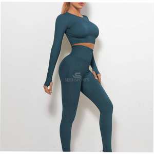 Traje de gimnasio de cintura alta de secado rápido de la mejor calidad con logotipo personalizado para mujer, conjunto de Yoga de alta calidad con mangas largas - Product Image 6