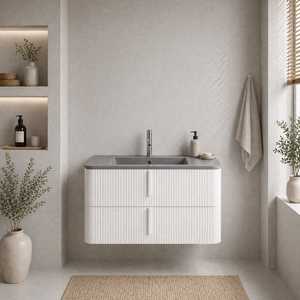 100cm Matt White Ribbed Wall-Hung Bathroom <b>Cabinet</b> with Havana <b>Grey</b> Resin Sink Bathroom Sets - Product Image 1