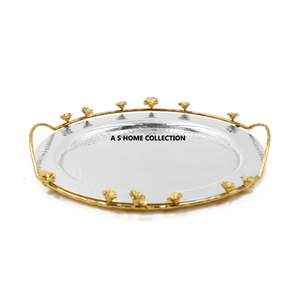 Plateau en aluminium moulé argenté de forme ovale avec poignée en forme de fleurs plaquées or Accessoires de table attrayants - Product Image 5