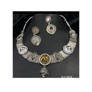 Exportación clásica alemana plata oxidada ligero collar pendiente conjunto ajustable enlace cadena Tika mujer moda piedra - Product Image 5