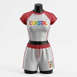 280 GSM Cotton Polyester Fleece <b>Maroon</b> Yellow Raglan Crop <b>Top</b> Short Set 100% Cotton T-shirt Booty & Shorts Set - Product Image 6