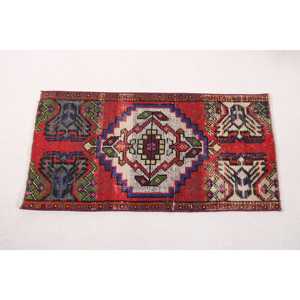 1.6x3.2 ft Vintage Small Turkish Moroccan <b>Wool</b> Rug <b>Red</b> Blue Patchwork Design Eco-Friendly Latex Backing - Product Image 5