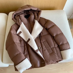 Chaqueta de plumón de pato blanco para mujer, chaqueta acolchada con capucha y cuello levantado suelto, Parkas de cuero PU de lana de cordero para mujer, prendas de vestir - Product Image 3