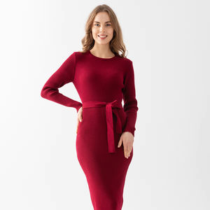 Vestido de Punto para Mujer, Cuello Redondo, Manga Larga, Flexible, Cálido, con Detalle de Cinturón, Alta Calidad, Nuevo Modelo de Invierno, Servicios OEM Personalizables - Product Image 1
