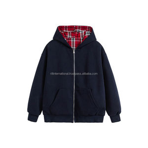 High Quality High Street 100% Cotton Spring Autumn Reversible Plaid Unisex Casual Full Zipper Hoodie <b>Jacket</b> - Product Image 4