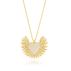 Heart with Wings Round Cut Zircon Stone Charm Necklace Pendant Turkish Handmade Wholesale 925 Sterling Silver Jewelry - Product Image 4