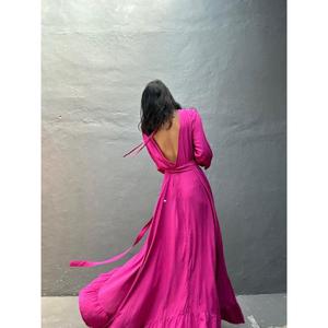 Elegante Vestido Largo Cruzado con Cuello en V para Mujer, Manga Larga, Color Personalizado, Vestido de Noche, Ropa de Fiesta de Verano, Estilo Resort, Cintura Natural - Product Image 2