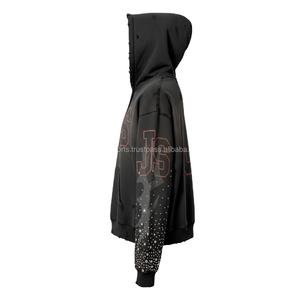 Sudadera con capucha y cremallera de invierno de primera calidad 380 GSM tela de lana color negro diamantes de imitación mangas de llama logotipo personalizado bordado básico Sudadera con capucha - Product Image 3