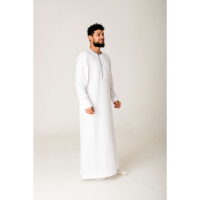 Thobe blanc pour homme à manches longues, col montant, longueur au sol, en coton, vêtement de prière islamique modeste, style Moyen-Orient