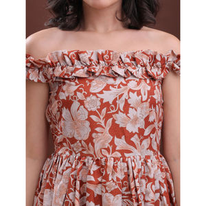 Mini vestido con hombros descubiertos y estampado Floral de óxido para mujer, ajustado y acampanado, sin mangas, mezcla de algodón, tejido con volantes, diseño de estilo étnico - Product Image 6