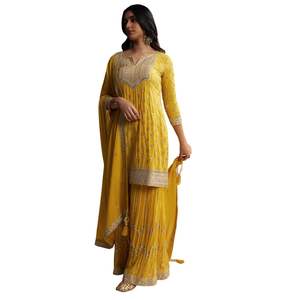 Traje amarillo Chinon Palazzo con bordado de lentejuelas Venta al por mayor Mujeres Étnicas OEM Fábrica de ropa Proveedor a granel Moda personalizada - Product Image 3