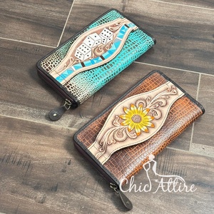 Portefeuille à fermeture éclair en cuir véritable gaufré à la main en crocodile pour femmes fentes pour cartes multiples sac à main pochette de voyage avec fente pour la main - Product Image 1