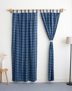 Hand Block Printed Handmade Gingham Check Window <b>Curtain</b> 100% Cotton Navy Blackout <b>Curtains</b> - Product Image 1