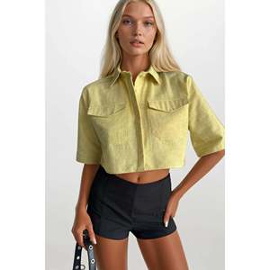 Chemise en lin à manches courtes et détail à volants - Marron - Marron - Product Image 1