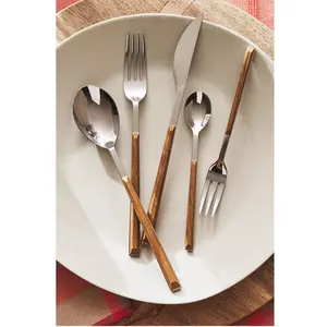 日本复古不锈钢餐具套装刀叉勺餐具套装木柄