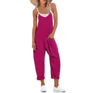 Women Solid Color Spaghetti Strap <b>Jumpsuit</b> Loose Fit Cotton Breathable Casual Spring Summer Ankle Length <b>With</b> <b>Pockets</b> - Product Image 1
