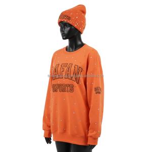 Sudadera de Mujer de Algodón y Felpa Color Naranja con Detalles de Pedrería, Bordado con Logotipo Personalizado, Estilo Deportivo, Transpirable - Product Image 4