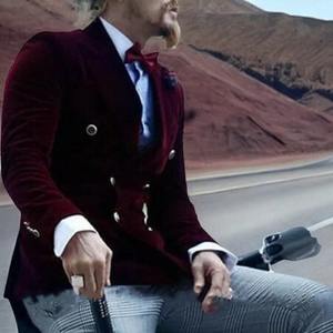 2025 <b>Men's</b> Burgundy Woolen <b>Velvet</b> Slim Fit Double Breasted Business Suit Blazer Breathable Italian Style Smoking <b>Jacket</b> Groom's - Product Image 3