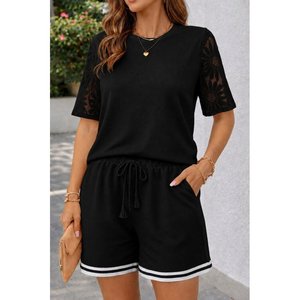 Conjunto de Dos Piezas para Mujer, Blusa de Manga Corta con Cuello Redondo y Pantalones Cortos, Modelo 34605 - Negro - Product Image 1