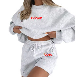 เซ็ตกางเกงตัวคอกลมมีฮู้ดสำหรับผู้หญิงชุดเสื้อสเวตเชิ้ตคอกลมและกางเกงขาสั้นสีทึบขนาดใหญ่พิเศษตามสั่ง - Product Image 3